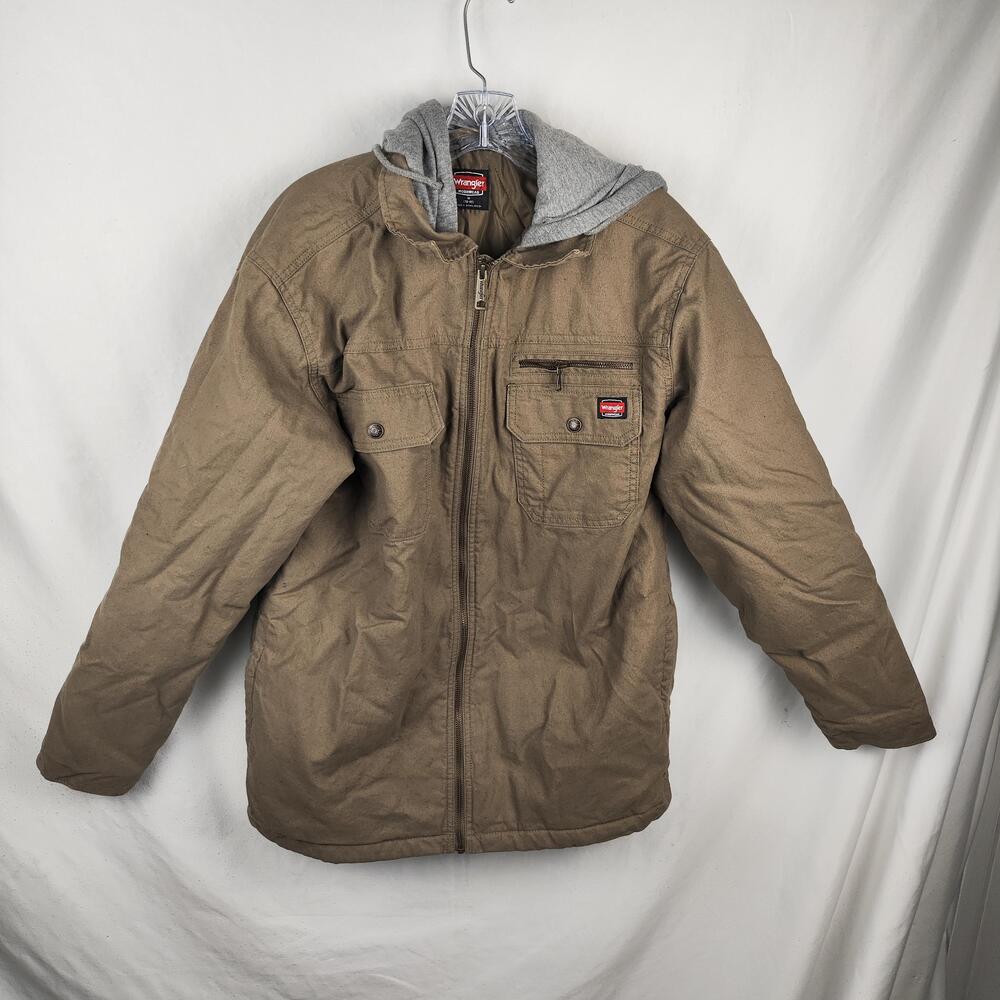 Wrangler Jacket Mens Medium Brown Canvas Full Zip Hooded Workwear Insulated